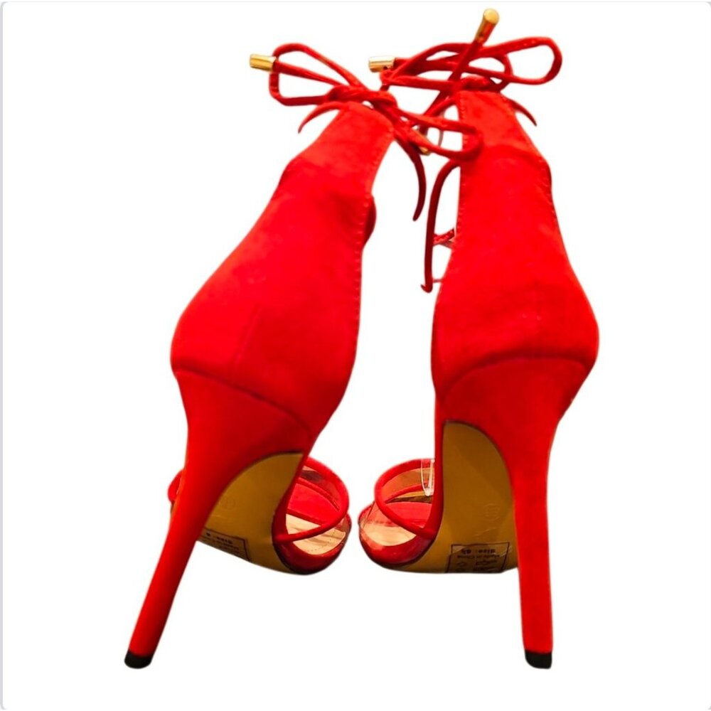 Red High Heel Sandals With Gold Chain Ankle Strap - Picture 8 of 10